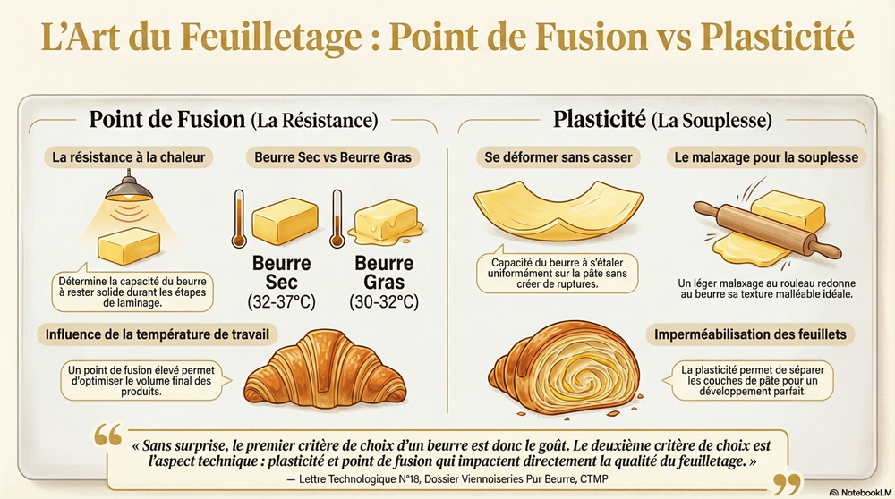 Infographie technique sur l'art du feuilletage: comparaison entre le point de fusion et la plasticité du beurre en boulangerie.