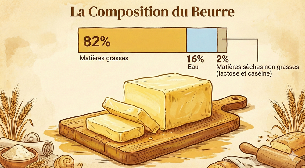 Infographie montrant la composition du beurre: 82 % de matières grasses, 16 % d'eau et 2 % de matières sèches non grasses (lactose et caséine).