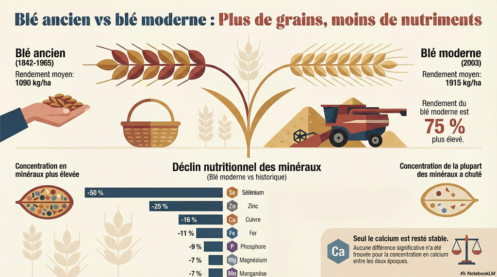 Infographie comparant le blé ancien et le blé moderne: le rendement agricole a augmenté de 75% mais la densité nutritionnelle a chuté, avec des baisses marquées pour le sélénium (-50%), le zinc et le fer.