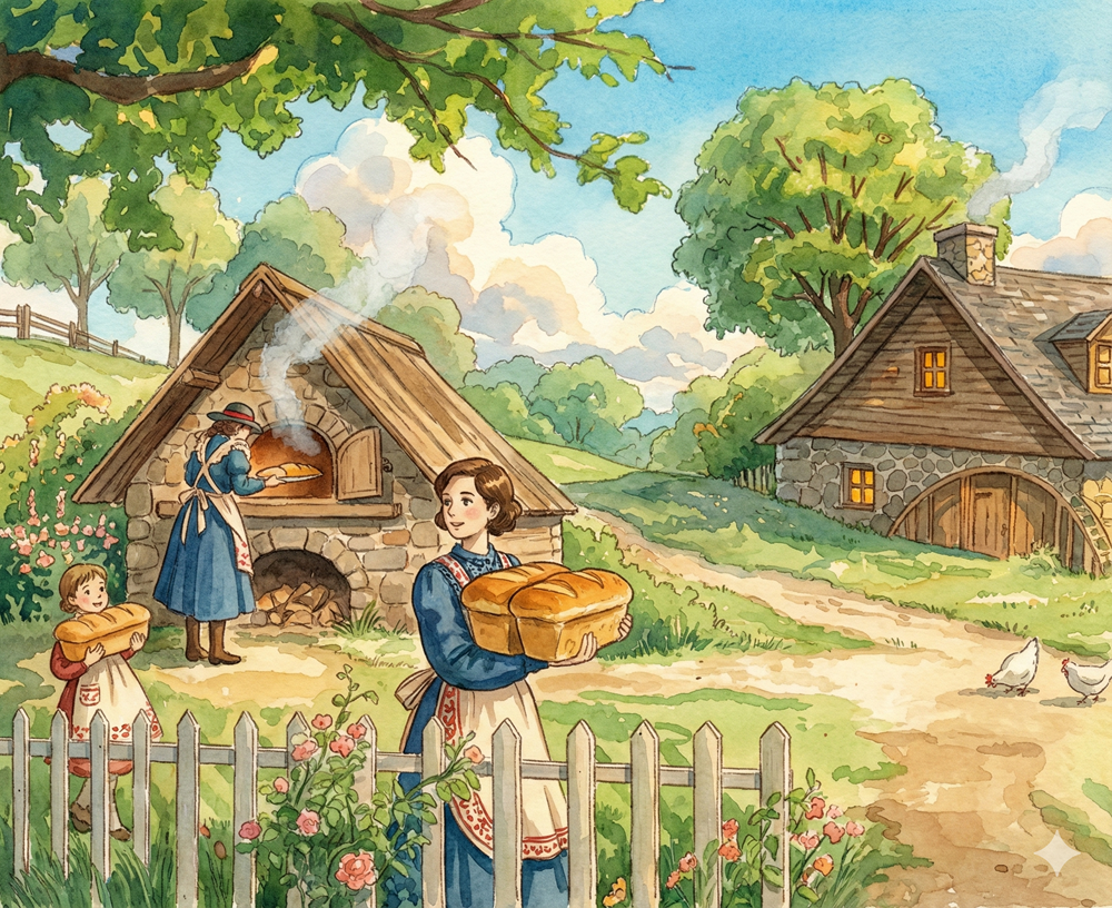 Illustration montrant une scène de boulangerie traditionnelle à la campagne. Au premier plan, une femme souriante en robe bleue et tablier blanc tient deux gros pains dorés, une petite fille à ses côtés en porte un autre. En arrière-plan, une autre femme enfourne du pain dans un four en pierre extérieur d'où sort de la fumée. Le décor est bucolique avec une maison en pierre et bois, un chemin de terre, des poules, des arbres verdoyants, des fleurs et un ciel bleu avec des nuages moutonneux.