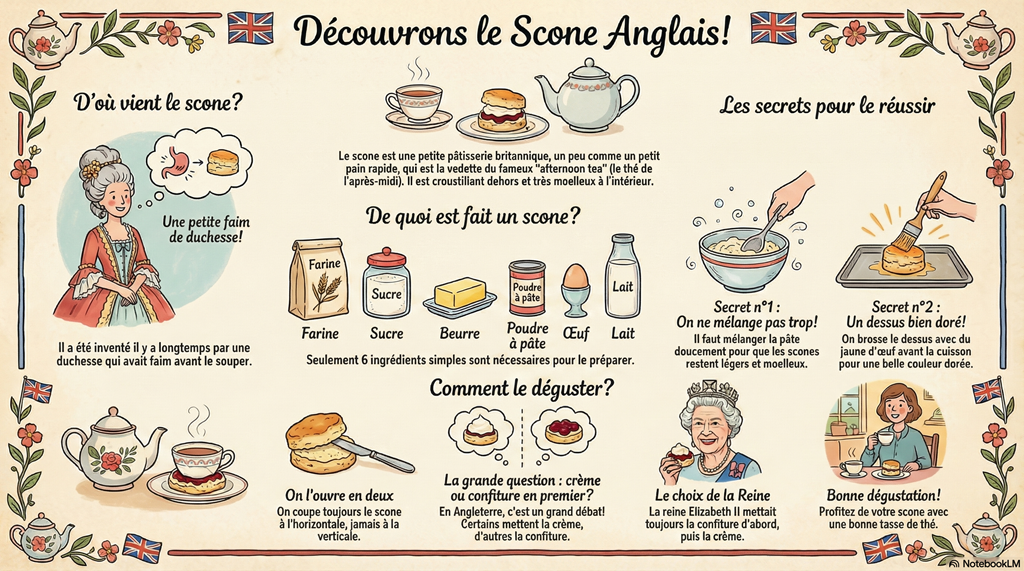 Infographie illustrée intitulée 'Découvrons le Scone Anglais !' expliquant son origine, ses 6 ingrédients (farine, sucre, beurre, levure, œuf, lait), des conseils de préparation et les traditions de dégustation avec de la confiture et de la crème.