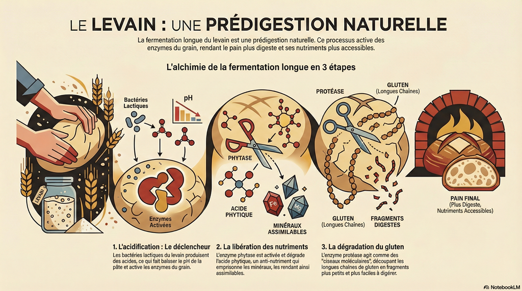 Infographie illustrant comment la fermentation longue au levain agit comme une prédigestion naturelle en trois étapes : acidification pour activer les enzymes, libération des minéraux par la phytase et dégradation du gluten par la protéase, résultant en un pain plus nutritif et digeste.