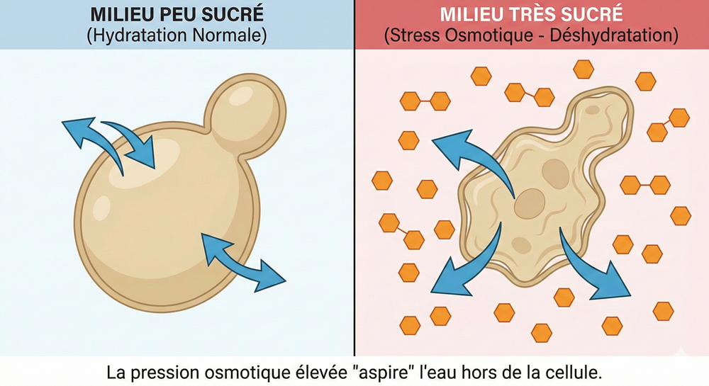 Schéma comparatif illustrant l'effet de l'osmose sur une cellule de levure: hydratation normale en milieu peu sucré versus déshydratation de la cellule en milieu très sucré.